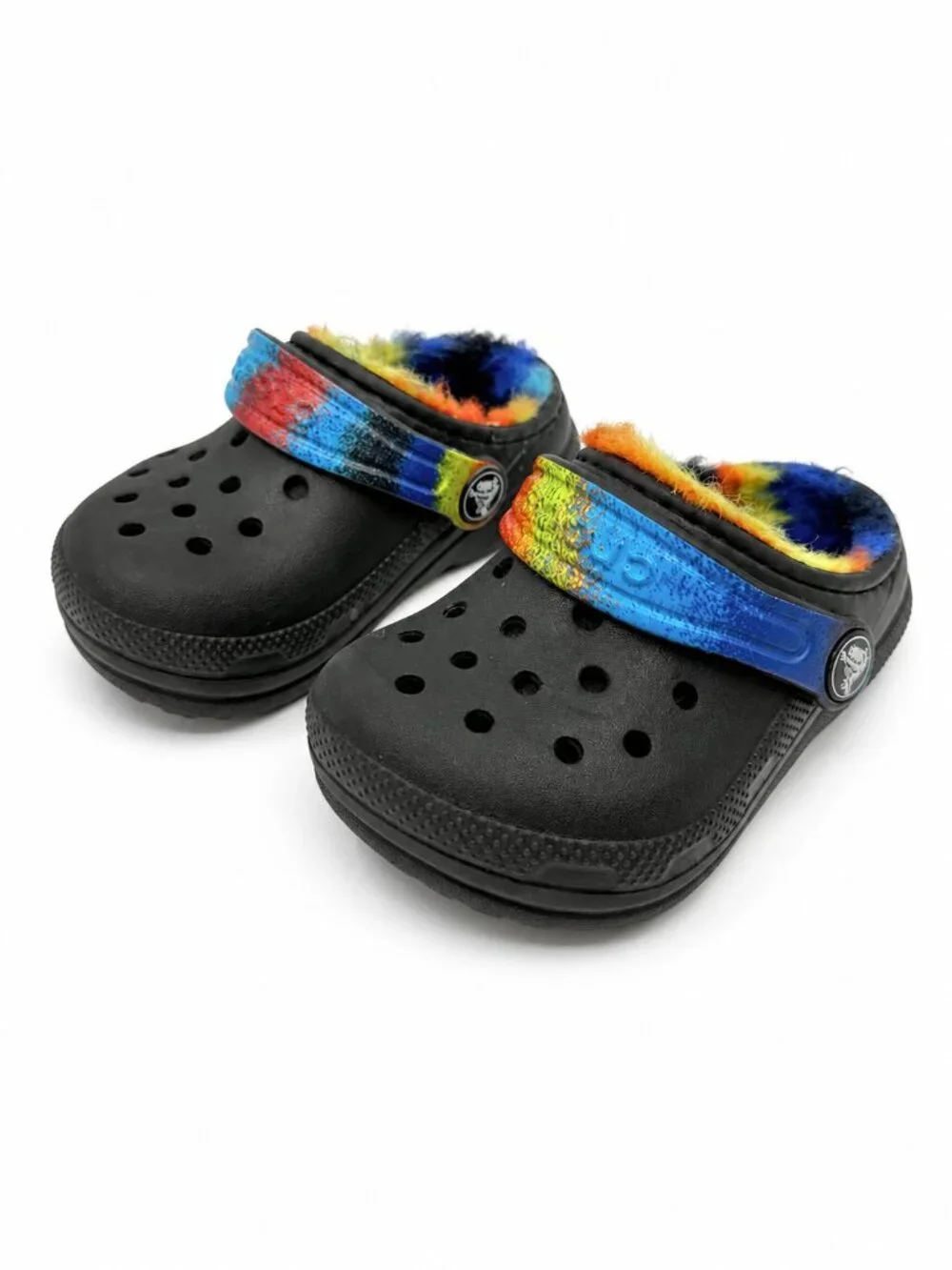 Crocs Toddler Black Fuzzy Lined Clogs Multicolor Strap Size 5